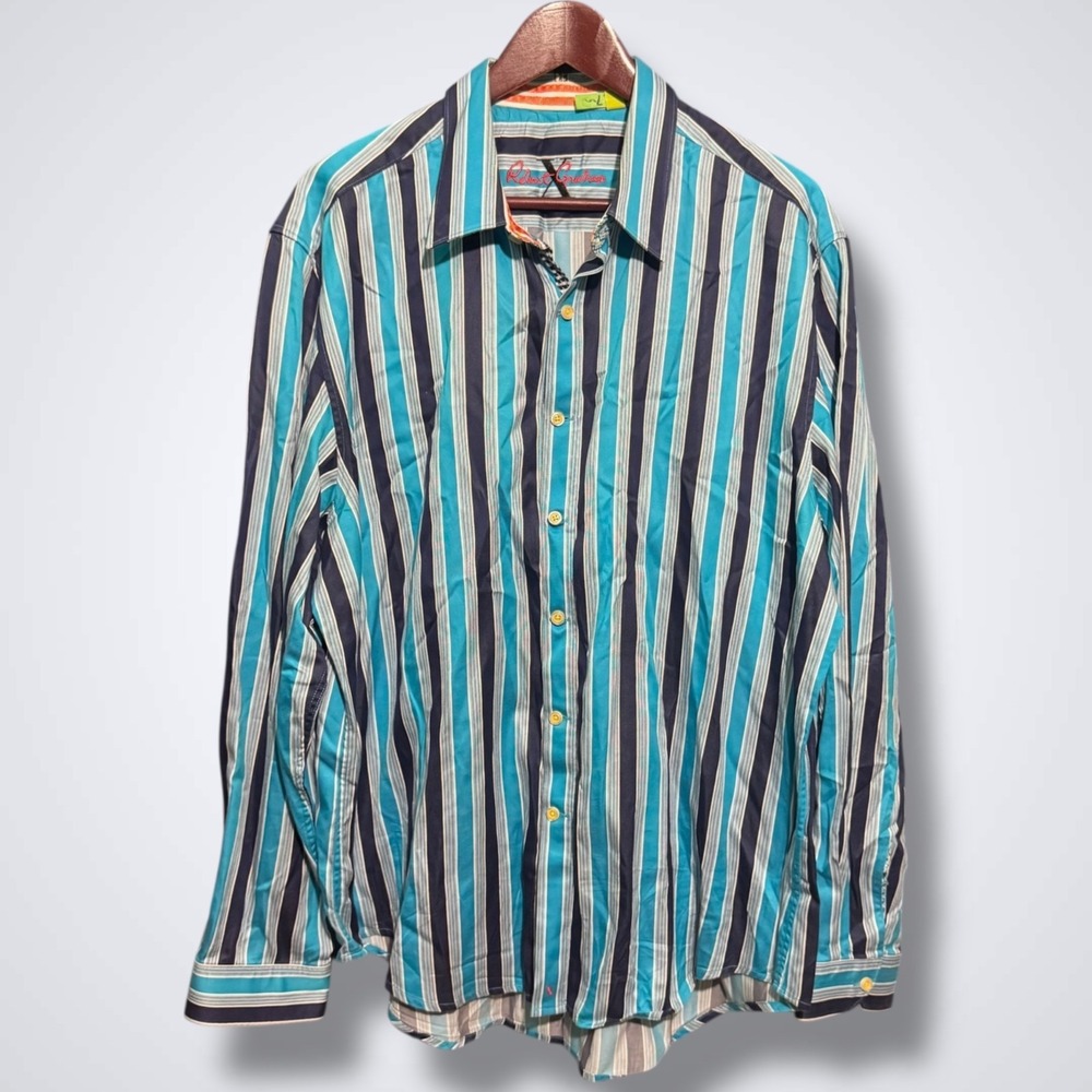 Robert Graham Shirt Men's 2XL Blue Striped Long Sleeve Designer
